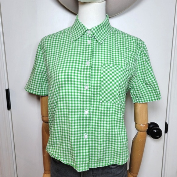 Aritzia Sunday Best Green Gingham Plaid Cropped Button Up XXS Preppy Y2K Fall - Picture 2 of 9